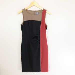 Vince Camuto Dress Black Red Tan Color Block Sleeveless Sheath Cinched Size 4